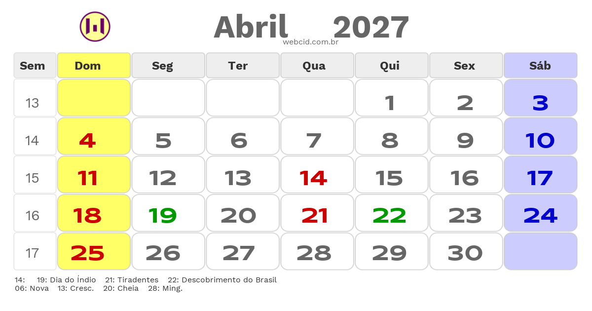 Calendário 2027 - Abril - Catanduva-SP com feriados e fases da lua