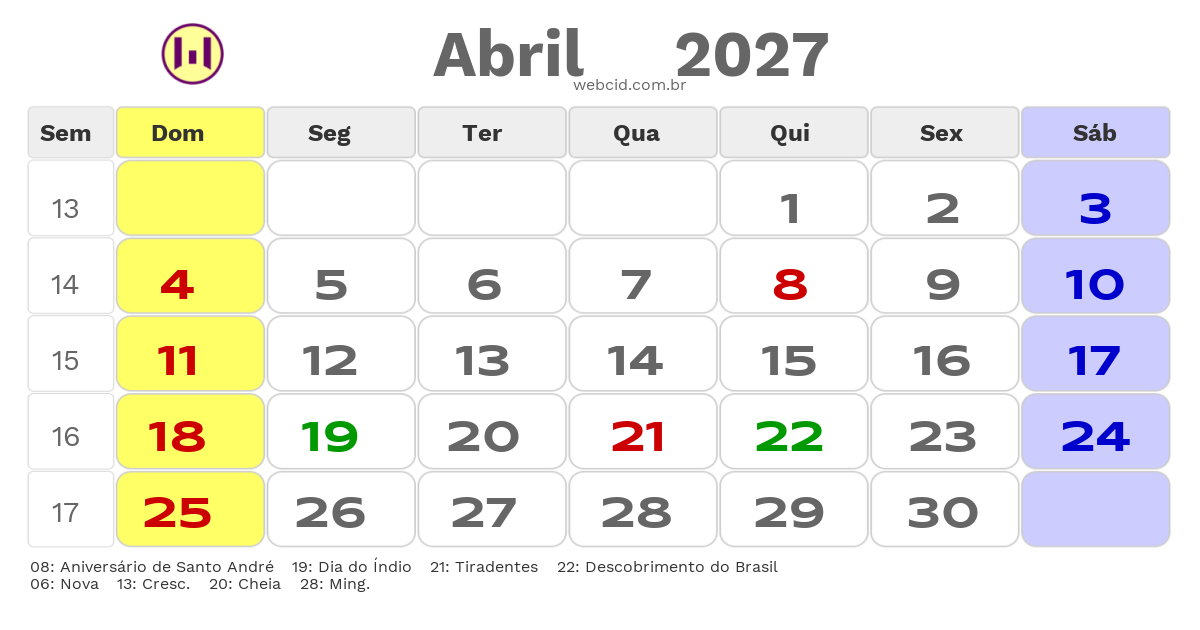Calendário 2027 - Abril - Santo André-SP com feriados e fases da lua