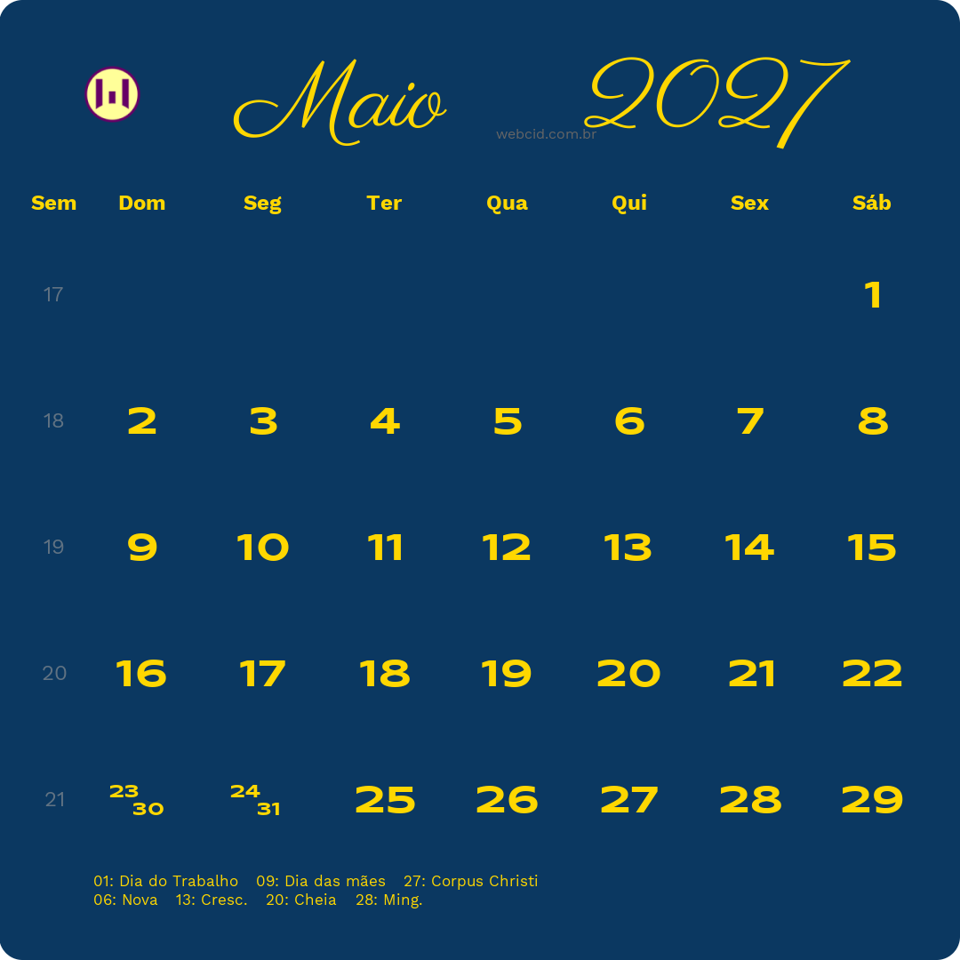 Calendário 2027 - Maio - Brasil com feriados e fases da lua