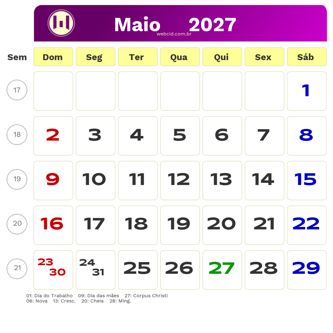 Calendário 2027 - Maio - Brasil com feriados e fases da lua