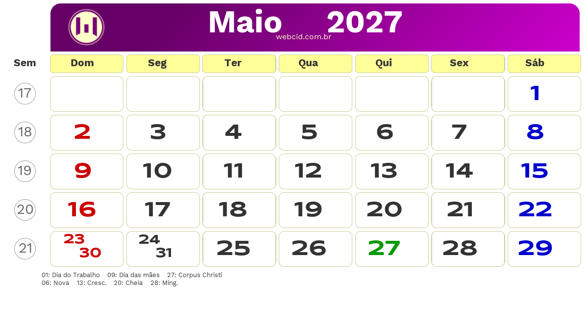 Calendário 2027 - Maio - Brasil com feriados e fases da lua