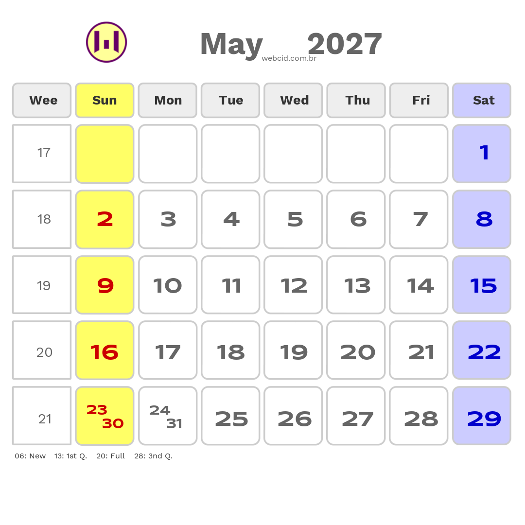 Calendar 2027 - May - Austrália com feriados e fases da lua