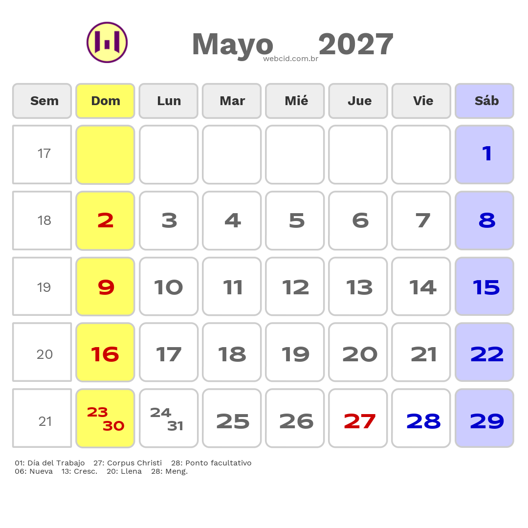Calendario 2027 - Mayo - Bolívia com feriados e fases da lua