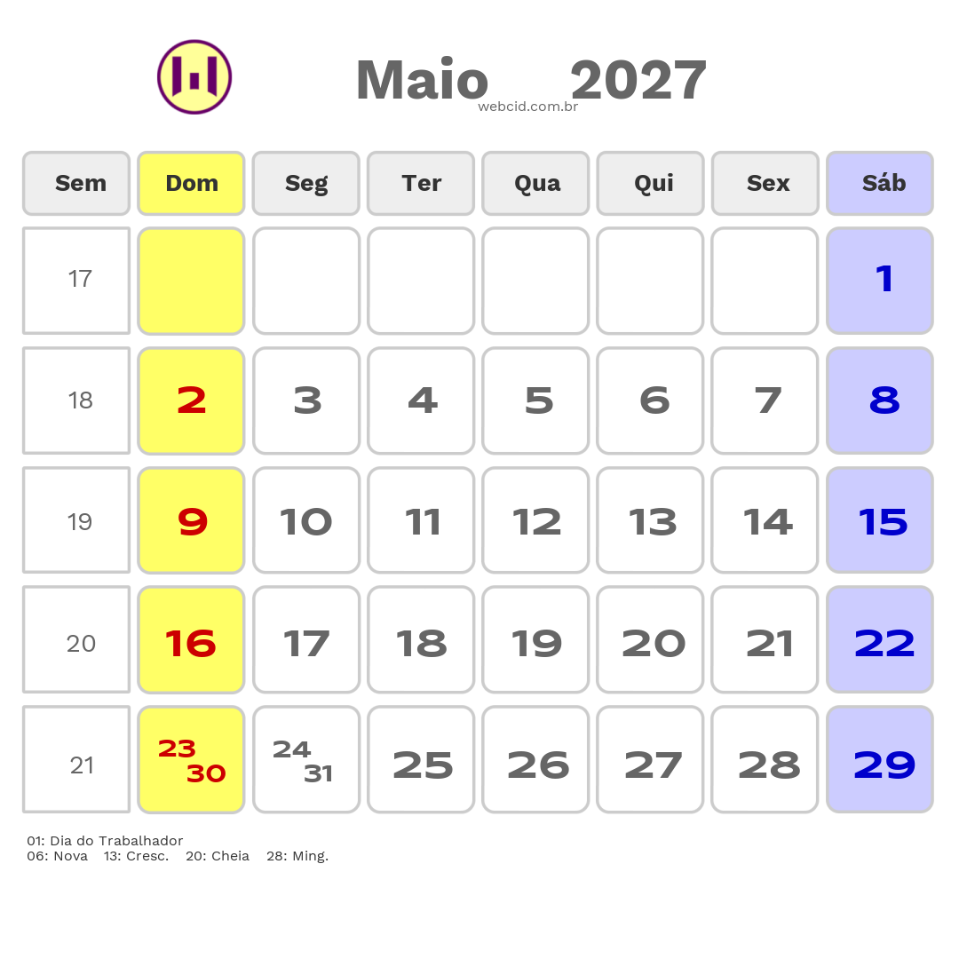 Calendário 2027 - Maio - Cabo Verde com feriados e fases da lua
