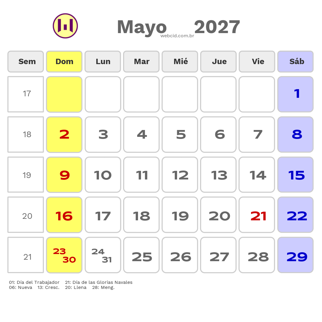 Calendario 2027 - Mayo - Chile com feriados e fases da lua