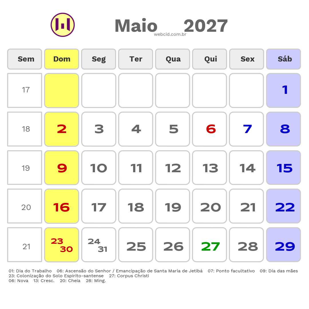 Calendário 2027 - Maio - Santa Maria de Jetibá-ES com feriados e fases da lua