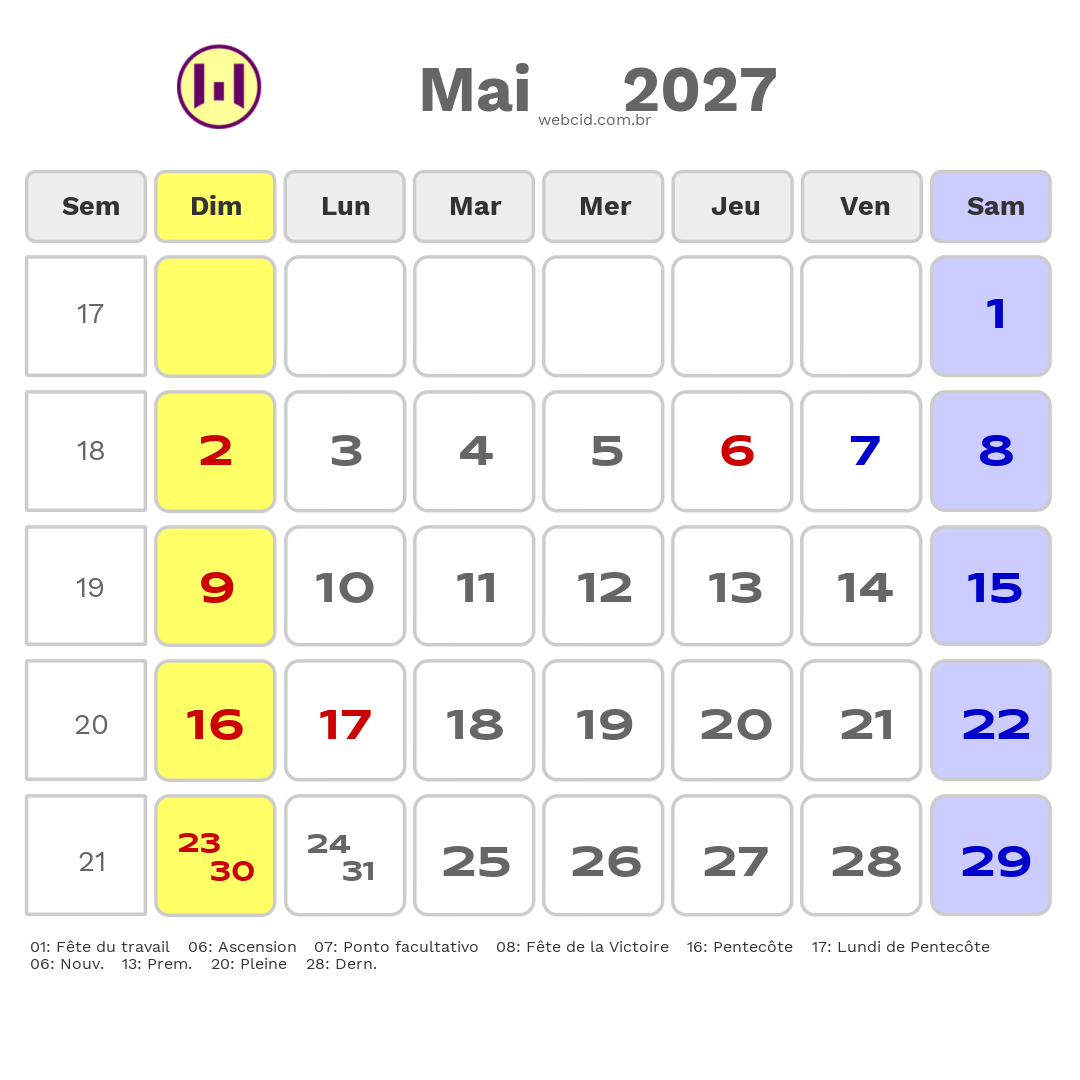 Calendrier 2027 - Mai - La France com feriados e fases da lua