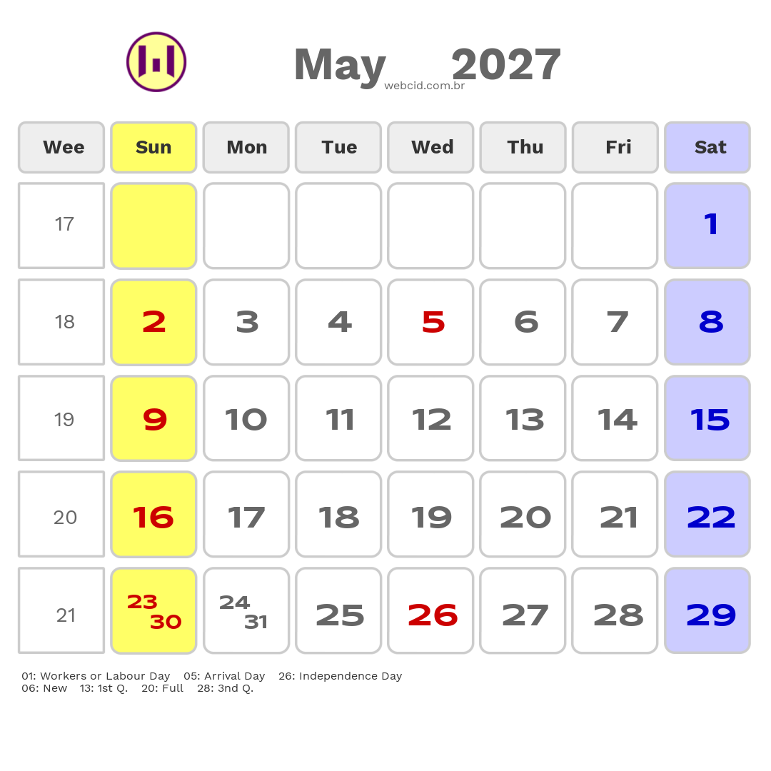 Calendar 2027 - May - Guyana com feriados e fases da lua