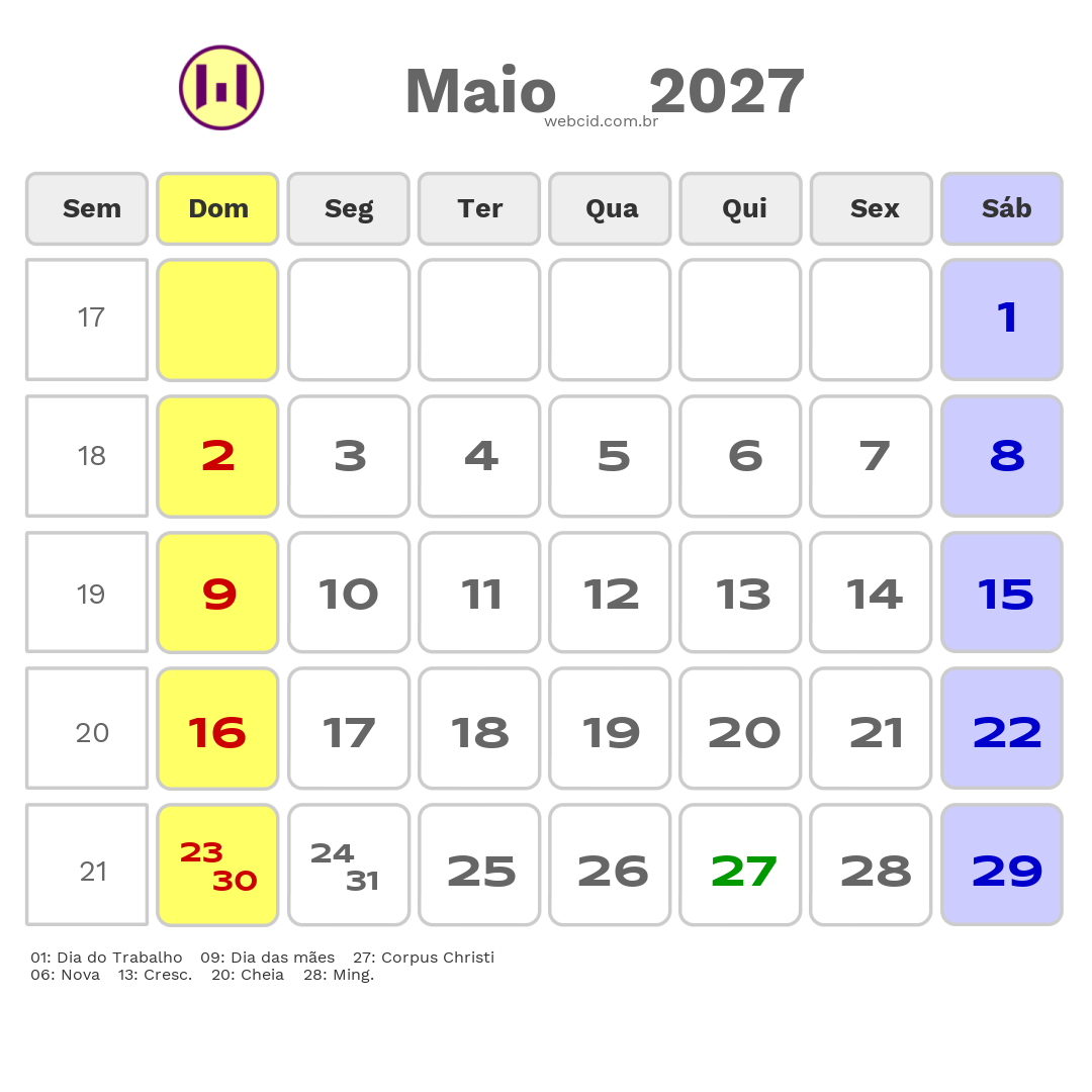 Calendário 2027 - Maio - Jacarau-PB com feriados e fases da lua