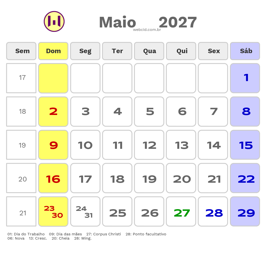 Calendário 2027 - Maio - Curitiba-PR com feriados e fases da lua