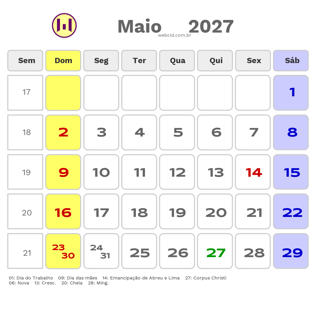 Calendário 2027 - Maio - Abreu e Lima-PE com feriados e fases da lua