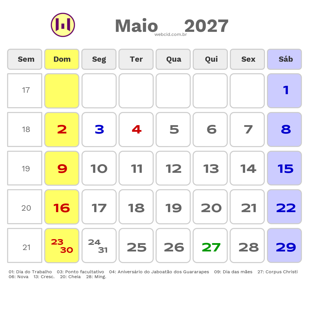 Calendário 2027 - Maio - Jaboatão dos Guararapes-PE com feriados e fases da lua