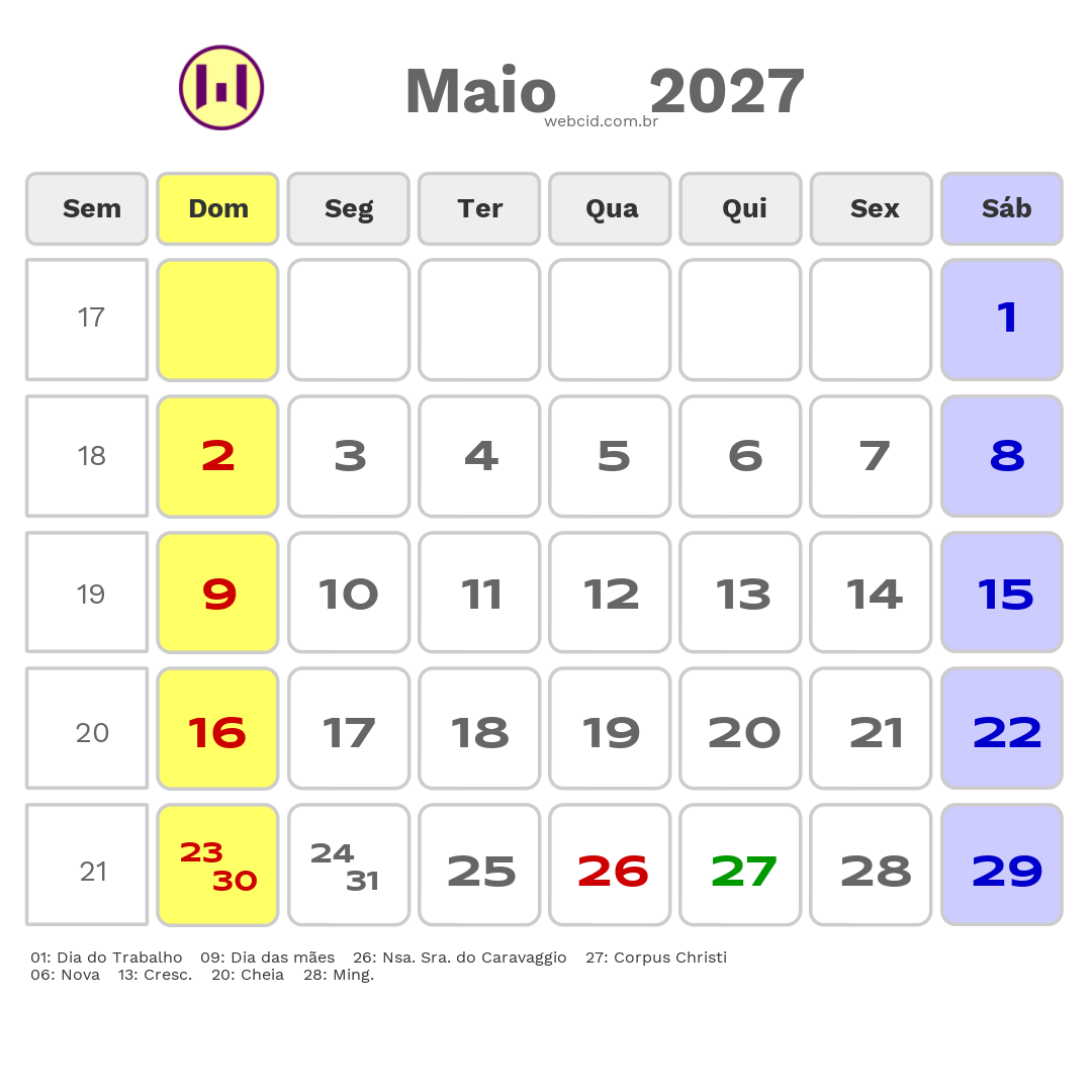 Calendário 2027 - Maio - Caxias do Sul-RS com feriados e fases da lua