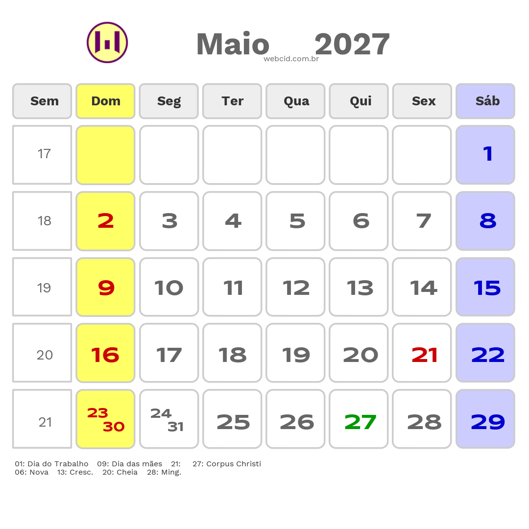 Calendário 2027 - Maio - Jumirim-SP com feriados e fases da lua