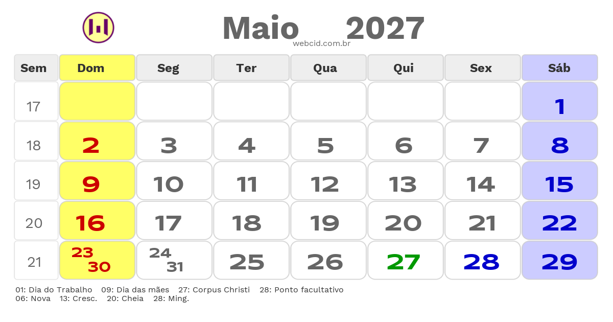 Calendário 2027 - Maio - Salvador-BA com feriados e fases da lua