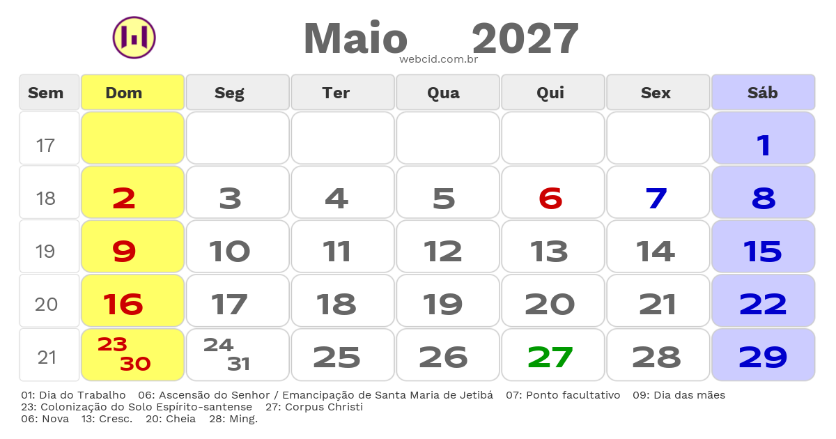 Calendário 2027 - Maio - Santa Maria de Jetibá-ES com feriados e fases da lua