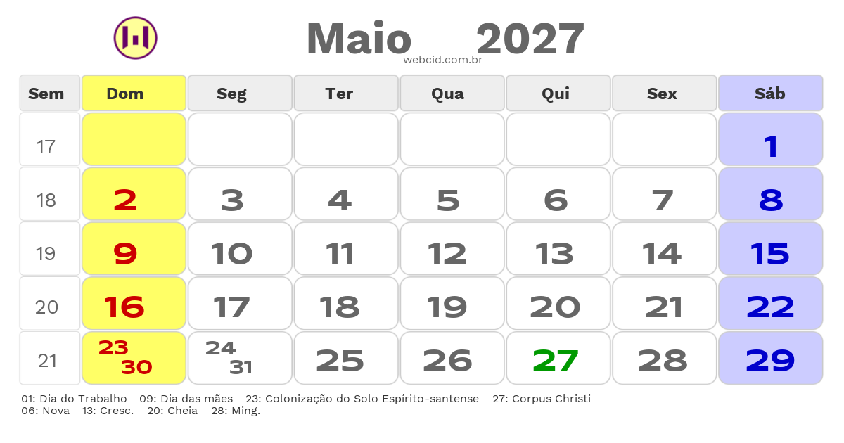 Calendário 2027 - Maio - São Mateus-ES com feriados e fases da lua