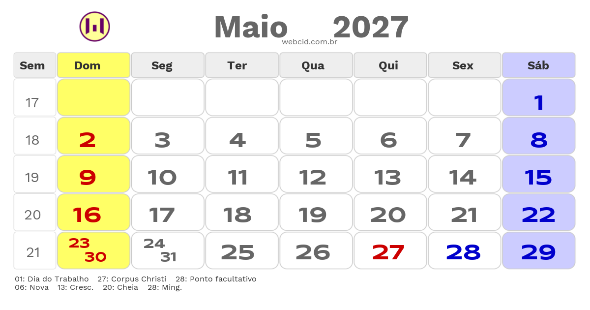 Calendário 2027 - Maio - Feriados Bancários com feriados e fases da lua