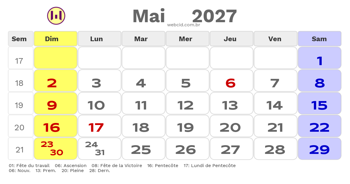Calendrier 2027 - Mai - La France com feriados e fases da lua