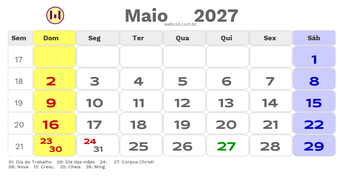 Calendário 2027 - Maio - Ipora-GO com feriados e fases da lua