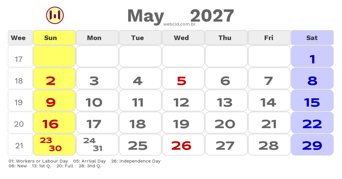 Calendar 2027 - May - Guyana com feriados e fases da lua