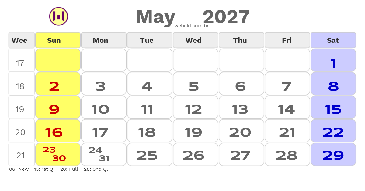 Calendar 2027 - May - Inglaterra com feriados e fases da lua