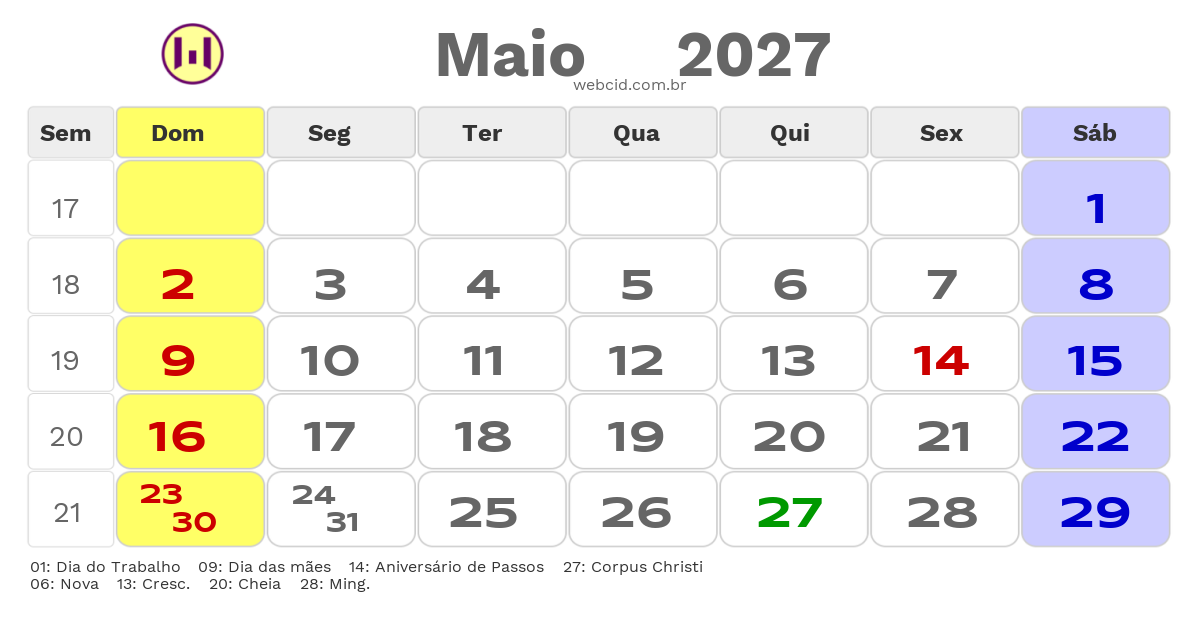Calendário 2027 - Maio - Passos-MG com feriados e fases da lua