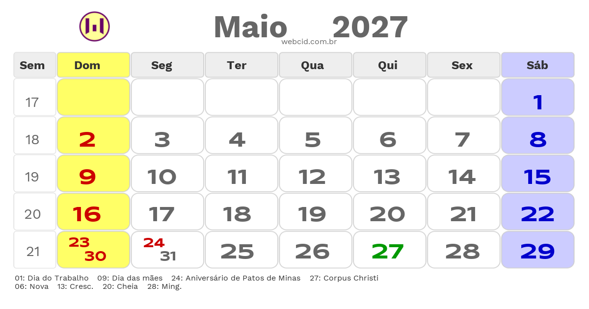 Calendário 2027 - Maio - Patos de Minas-MG com feriados e fases da lua