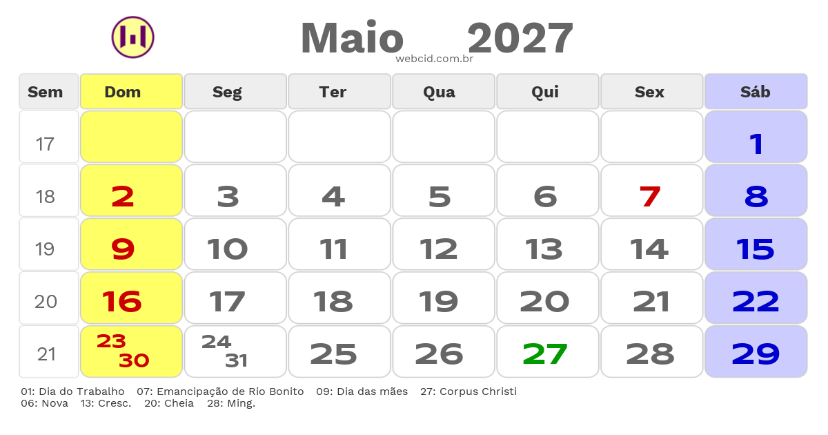 Calendário 2027 - Maio - Rio Bonito-RJ com feriados e fases da lua