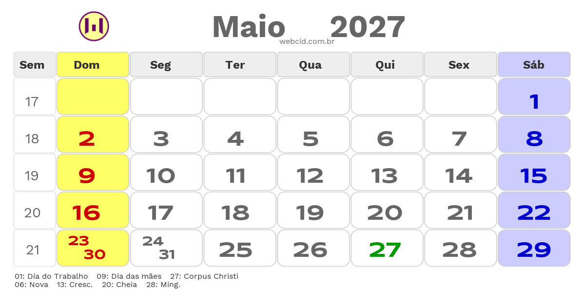 Calendário 2027 - Maio - Natal-RN com feriados e fases da lua