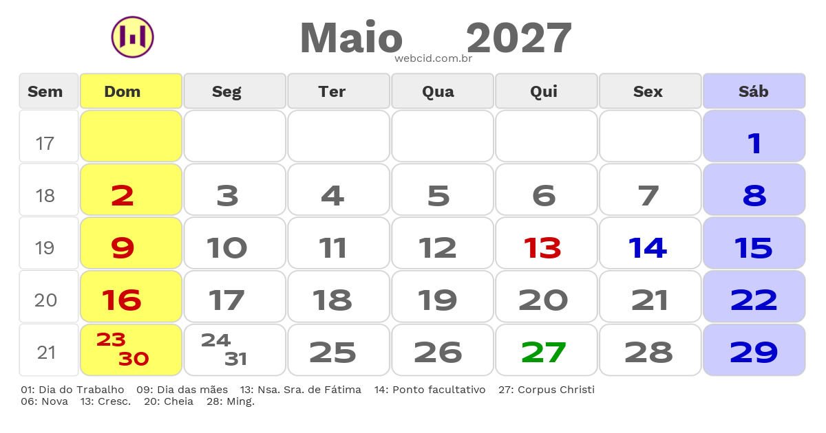 Calendário 2027 - Maio - Parnamirim-RN com feriados e fases da lua