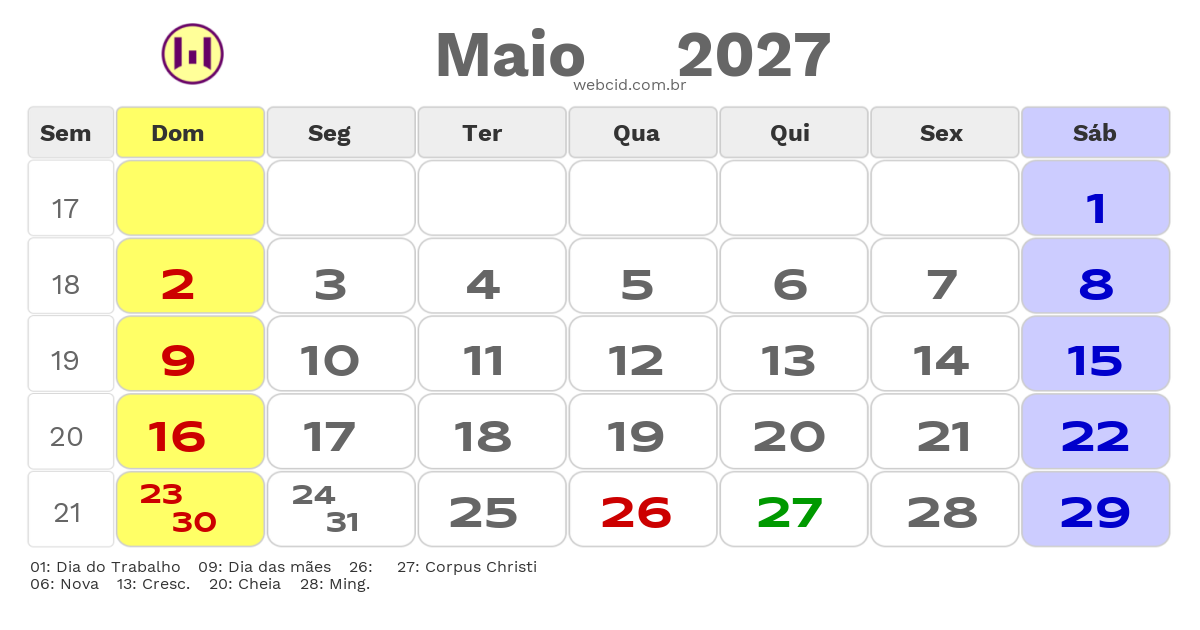 Calendário 2027 - Maio - Canela-RS com feriados e fases da lua