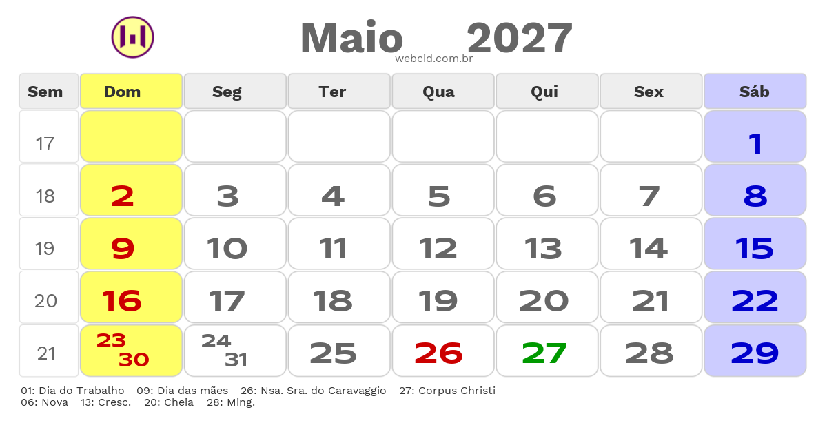 Calendário 2027 - Maio - Caxias do Sul-RS com feriados e fases da lua