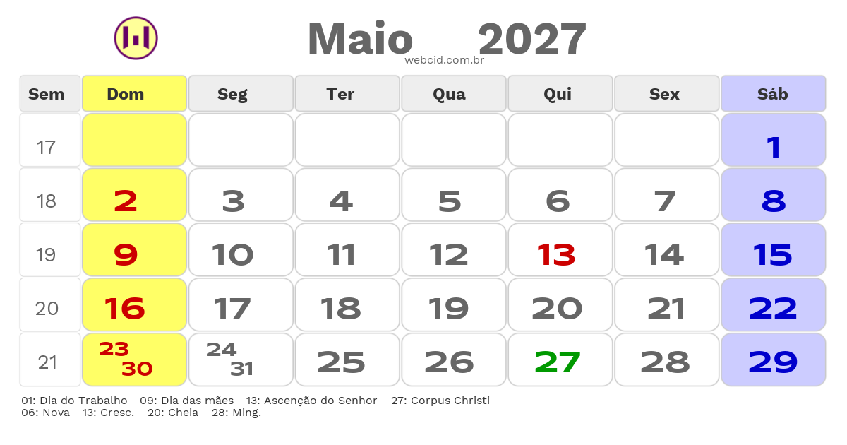 Calendário 2027 - Maio - Gramado-RS com feriados e fases da lua