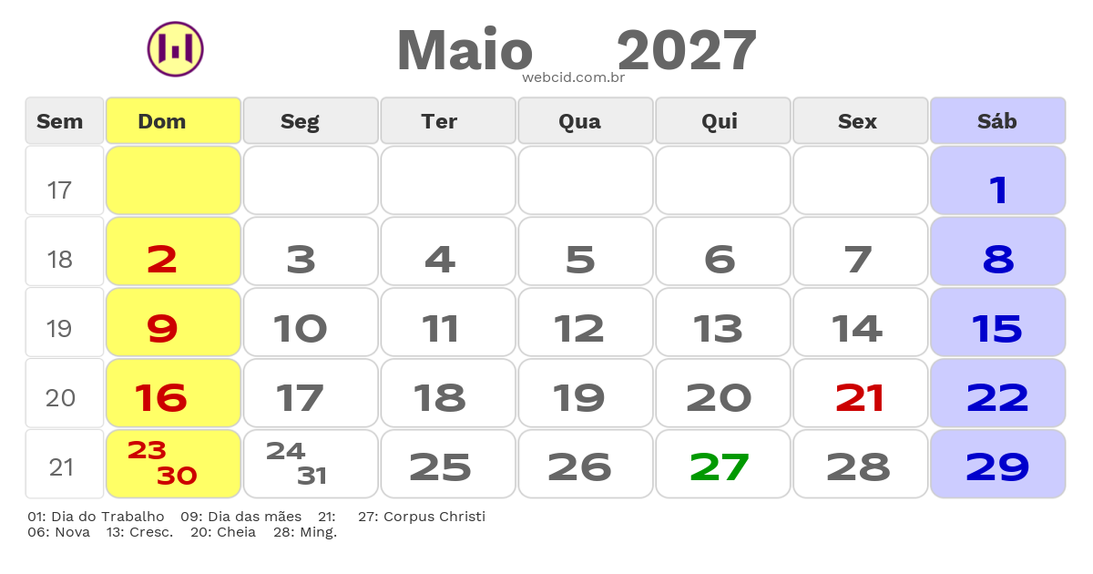 Calendário 2027 - Maio - Jumirim-SP com feriados e fases da lua