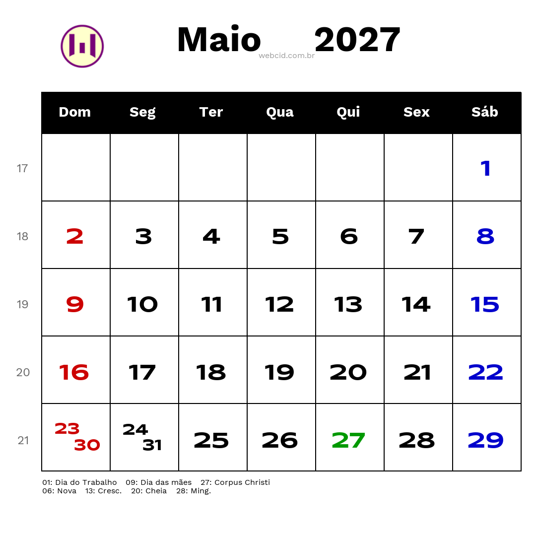 Calendário 2027 - Maio - Brasil com feriados e fases da lua