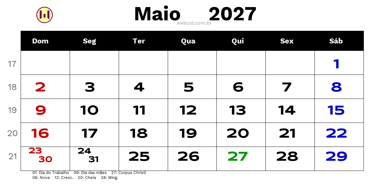 Calendário 2027 - Maio - Brasil com feriados e fases da lua