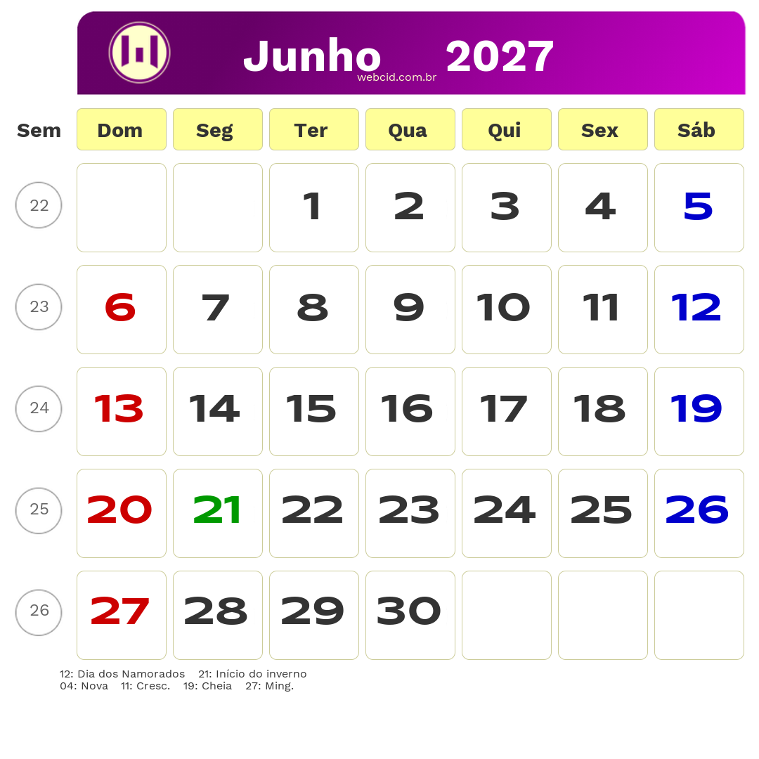 Calendário 2027 - Junho - Brasil com feriados e fases da lua