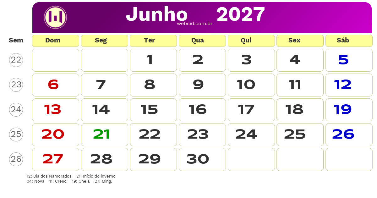Calendário 2027 - Junho - Brasil com feriados e fases da lua