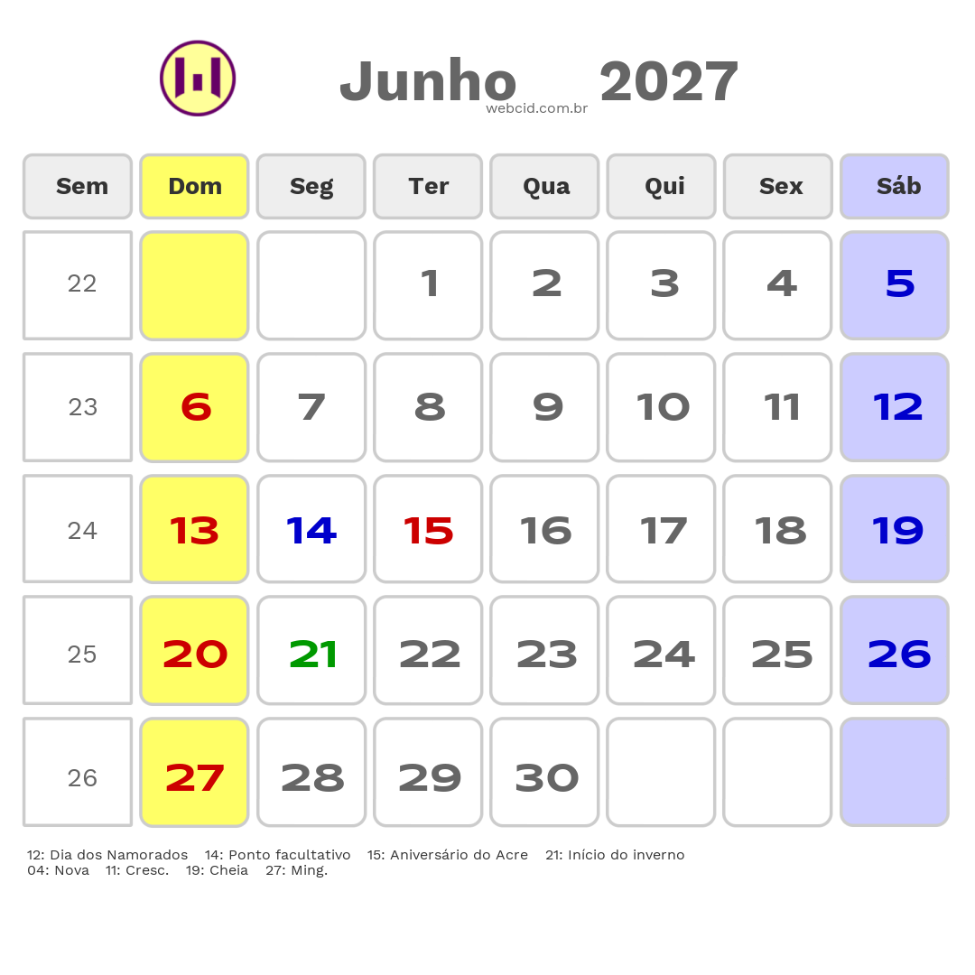 Calendário 2027 - Junho - Acre com feriados e fases da lua