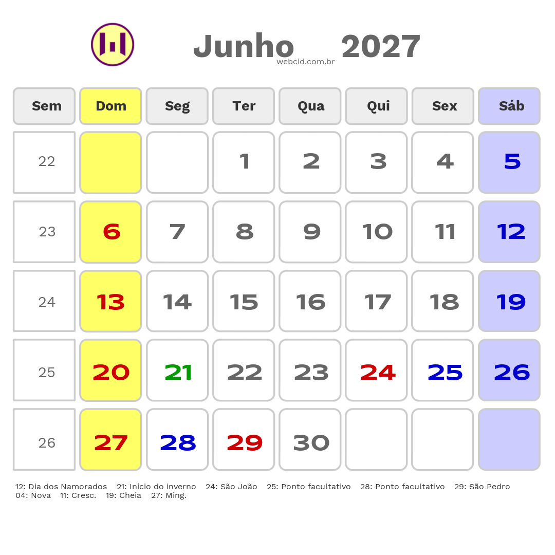 Calendário 2027 - Junho - Alagoas com feriados e fases da lua