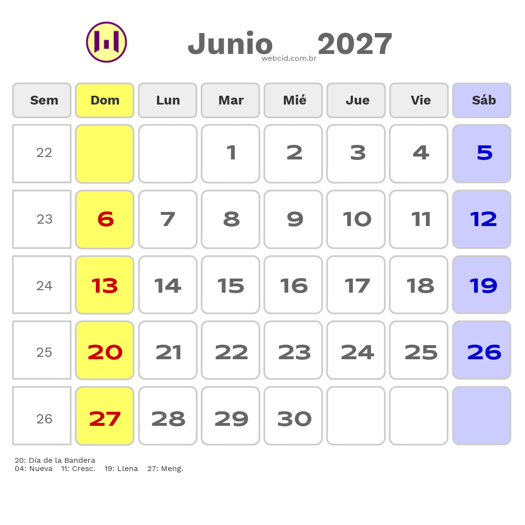 Calendario 2027 - Junio - Argentina com feriados e fases da lua