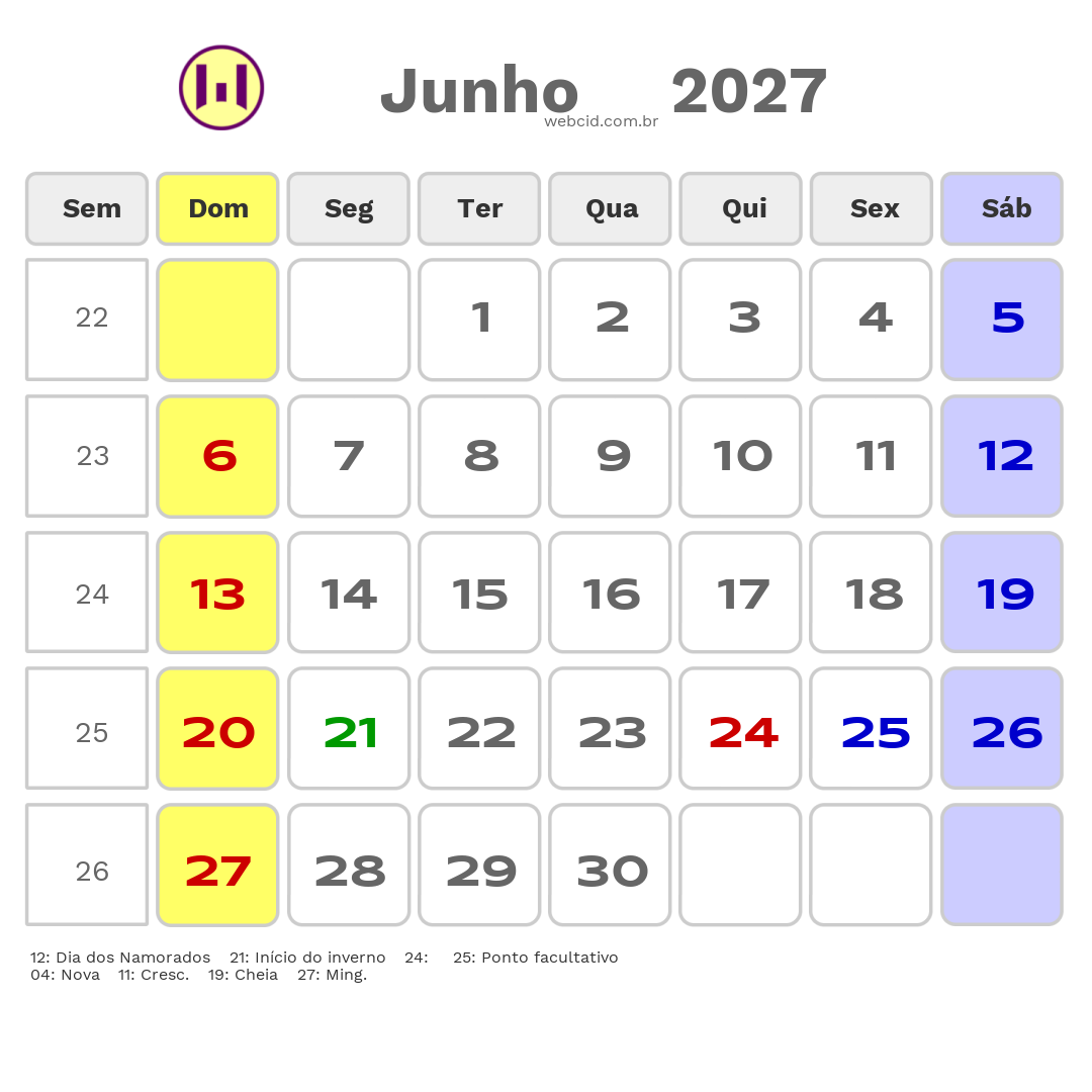 Calendário 2027 - Junho - Inhambupe-BA com feriados e fases da lua