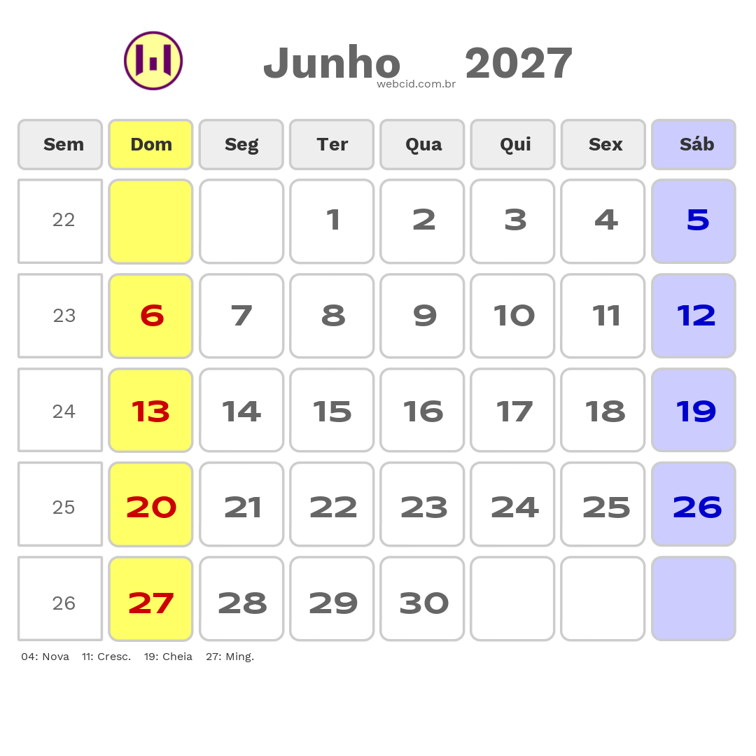 Calendário 2027 - Junho - Cabo Verde com feriados e fases da lua