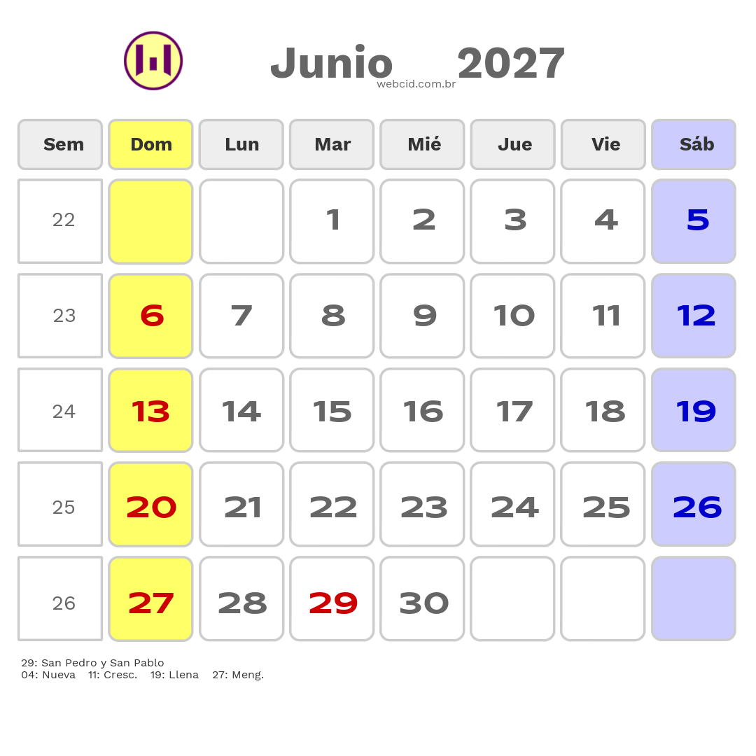 Calendario 2027 - Junio - Chile com feriados e fases da lua