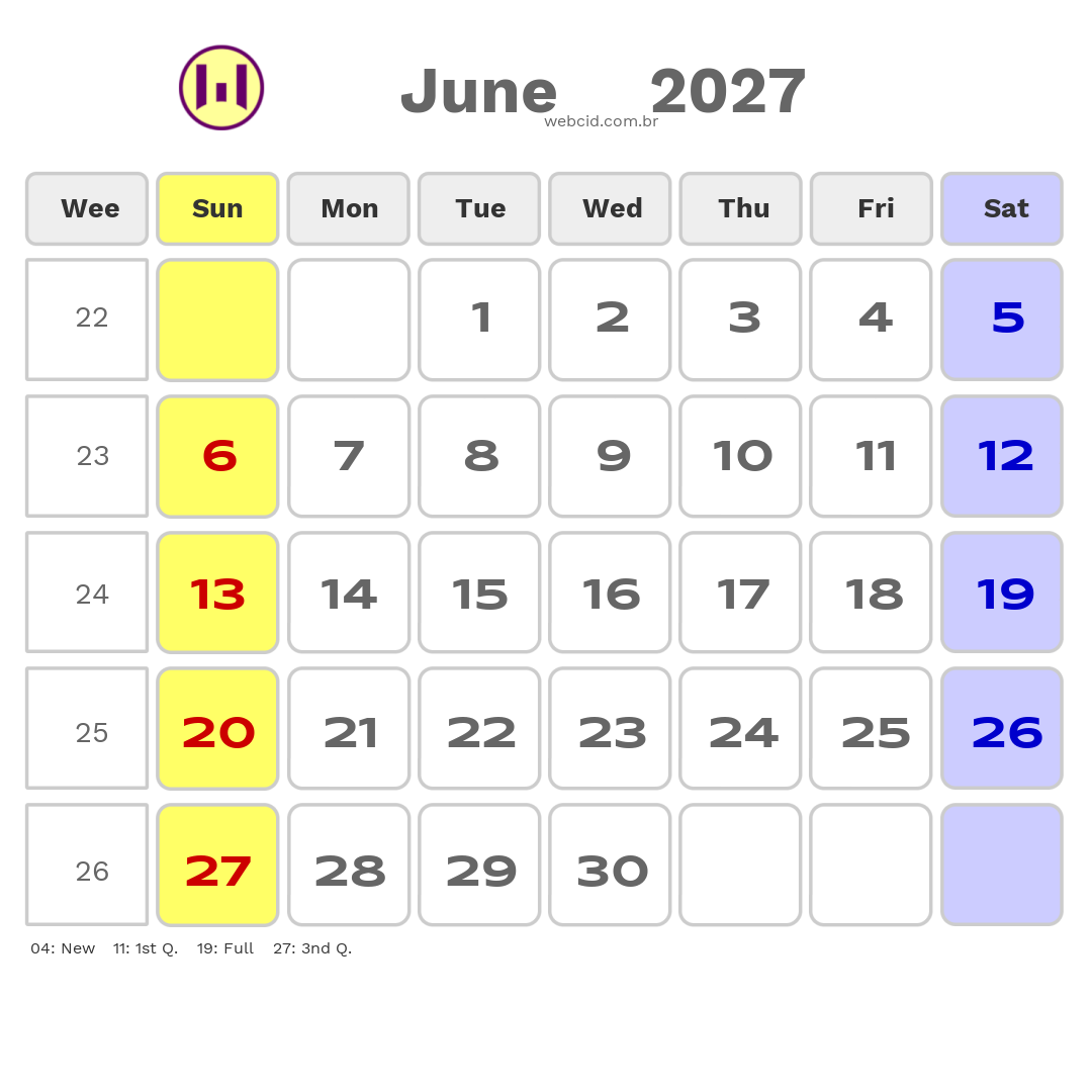 Calendar 2027 - June - Guyana com feriados e fases da lua