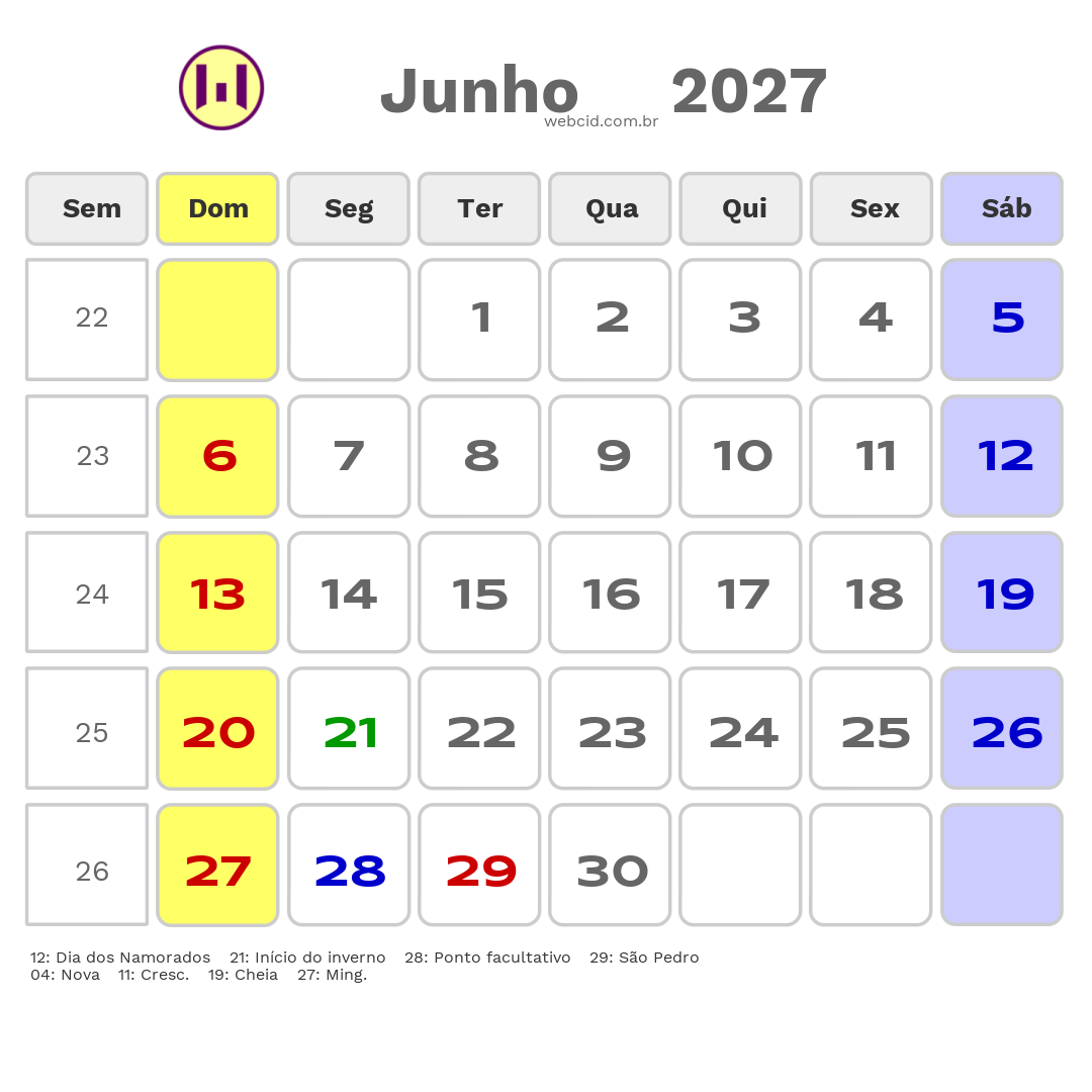 Calendário 2027 - Junho - Chapadão do Sul-MS com feriados e fases da lua