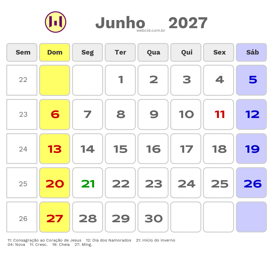 Calendário 2027 - Junho - Conselheiro Lafaiete-MG com feriados e fases da lua