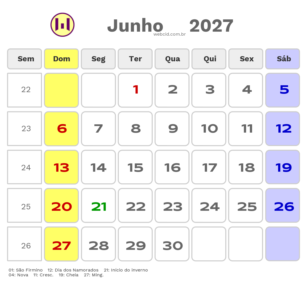 Calendário 2027 - Junho - Divinópolis-MG com feriados e fases da lua