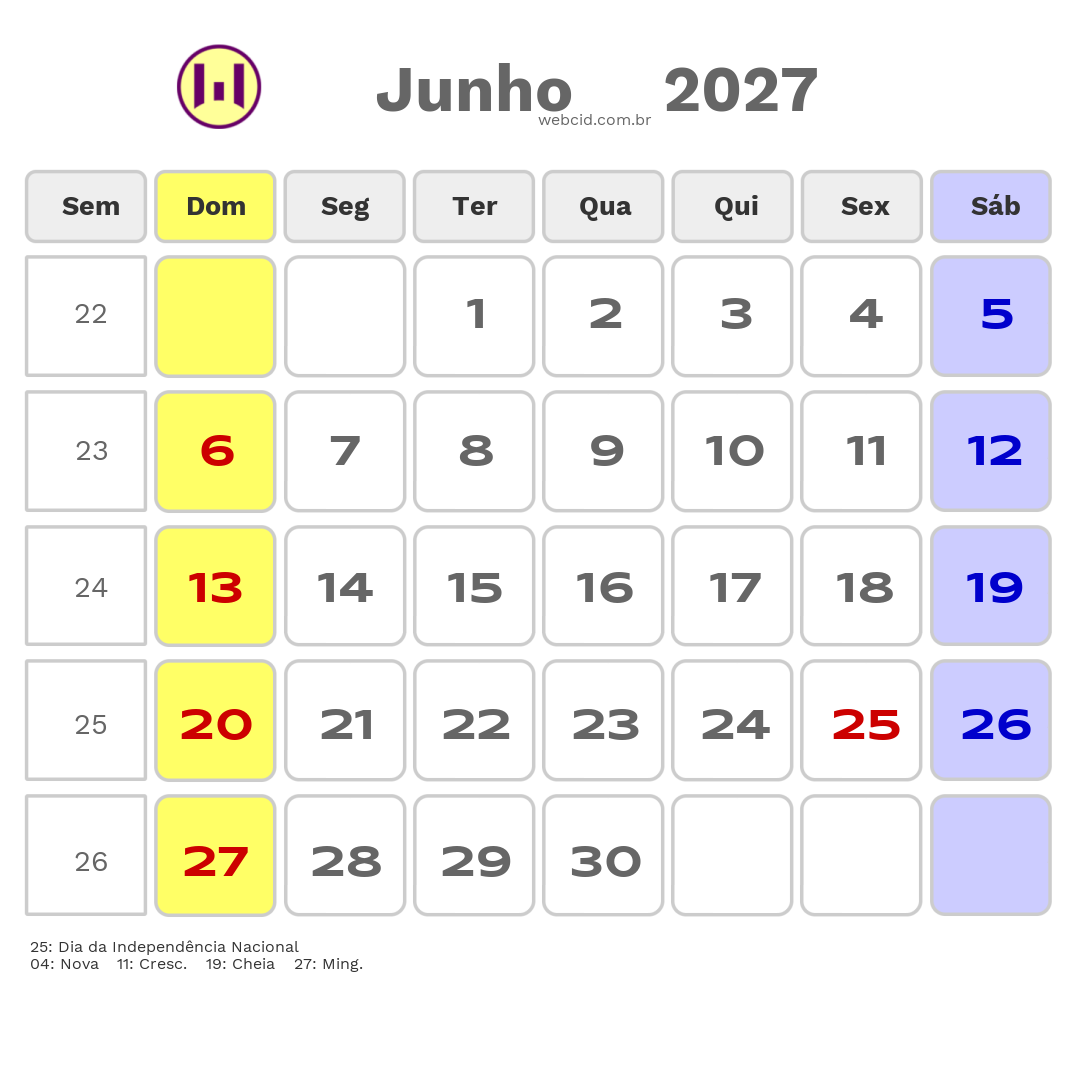 Calendário 2027 - Junho - Moçambique com feriados e fases da lua